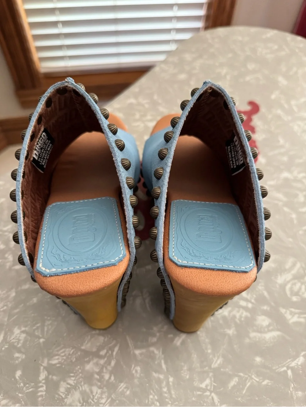 Dingo Light Blue Studded Platform Mule Wedges